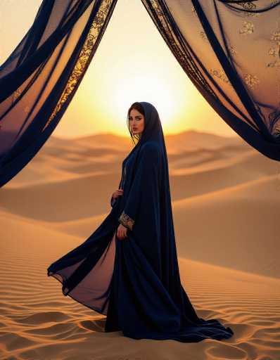 A captivating Middle Eastern woman in a flowing midnight blue Abaya stands gracefully in a golden desert at sunset. The warm, soft light highlights her face and the draped fabric, creating a cinematic portrait with a shallow depth of field. The composition evokes the elegance of Iranian film stills, emphasizing a serene and intimate moment in the vast landscape.