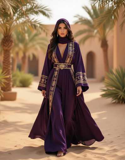 A captivating hyper-realistic fashion photograph showcases a bold Middle Eastern woman in a deep violet Abaya, adorned with intricate gold embroidery. She confidently strides through a serene desert oasis, her direct gaze drawing the viewer in. The cinematic lighting emphasizes the flowing fabric and creates a magnetic, ethereal atmosphere.