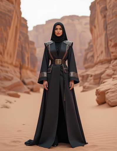 A powerful Middle Eastern woman commands attention in a tailored charcoal Abaya, its bold shoulder pads and metallic accents standing out against the warm tones of the sandstone canyon. The model's confident pose, framed by a high-contrast editorial style, emphasizes her elegant attire in this desert setting.