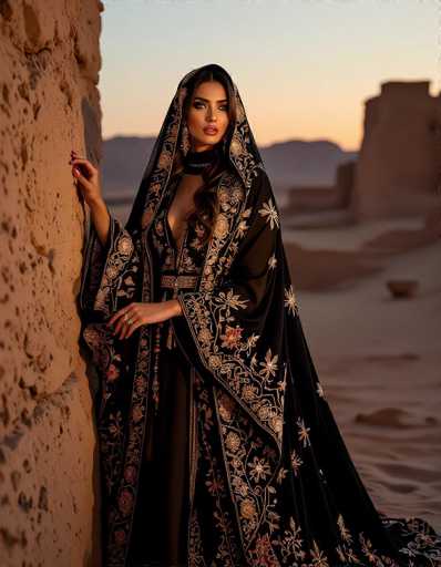 A stunning Middle Eastern woman, draped in a richly embroidered black Abaya with gold detailing, stands gracefully against ancient desert ruins at twilight. The high-fashion editorial captures her captivating gaze with dramatic shadows and warm amber tones, emphasizing the elegance of her attire in a serene, atmospheric setting.