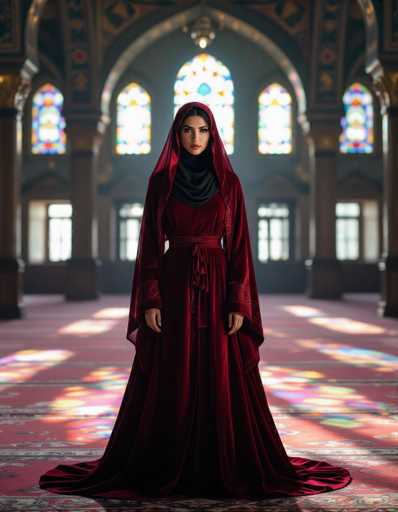 A woman in a rich crimson velvet abaya, adorned with intricate details, stands centrally in a dimly lit mosque. The chiaroscuro lighting emphasizes deep shadows and glowing highlights, creating an enigmatic atmosphere. Stained glass windows cast colorful patterns on the floor, highlighting the woman's serene yet mysterious expression.