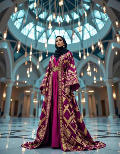A modern Middle Eastern woman embodies elegance in a vibrant fuchsia and gold geometric Abaya, standing within a futuristic mosque. The image showcases a high-fashion editorial style with sharp lines and bold color grading, emphasizing the model's poised presence against the backdrop of a geometrically patterned dome with floating light installations.