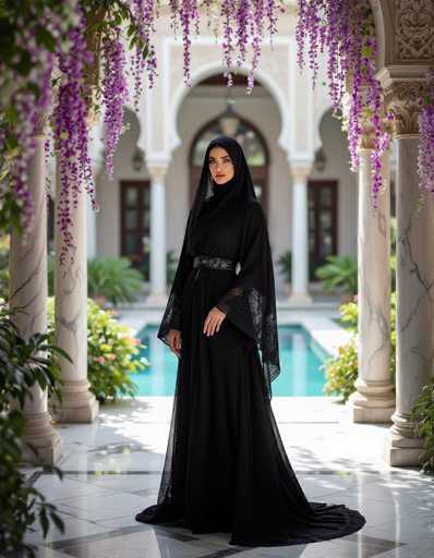 A statuesque woman in a black Abaya with sheer lace panels stands dramatically in a luxurious marble courtyard. Cascading jasmine frames her, bathed in high-contrast chiaroscuro, creating a soft bokeh background. The spatial relationship emphasizes her elegance within the opulent palace setting.