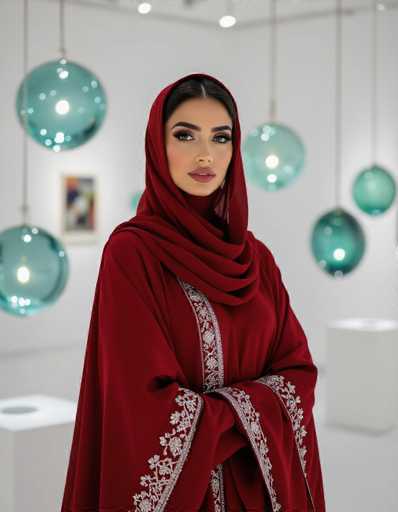 A confident Middle Eastern woman in a rich crimson abaya with intricate silver threadwork commands attention in a minimalist art gallery. The stark white backdrop highlights the woman and hanging glass sculptures, creating a clean, modern aesthetic with sharp contrasts. Her magnetic gaze draws the viewer in.