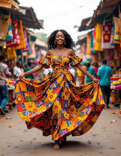 A vibrant young African woman in a flowing Ankara dress dances joyfully amidst the bustling Accra market. The hyper-realistic image captures dynamic motion blur, showcasing her twirling as she's surrounded by colorful vendors and hanging textiles under warm ambient lighting. The scene exudes a lively, celebratory atmosphere.