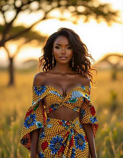 A stunning African woman commands attention in a vibrant Ankara wrapper set, bathed in warm golden hour light. She stands confidently amidst a sun-dappled savanna, her flowing, wavy hair adding to the cinematic realism. The shallow depth of field beautifully isolates her, highlighting her poised presence against a softly blurred backdrop.