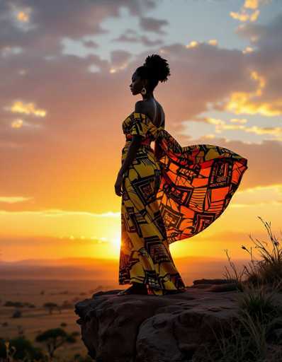 An African woman in a vibrant Ankara wrapper set stands silhouetted against a breathtaking sunrise over the Serengeti. The golden light bathes her in an ultra-realistic, dramatic scene where the patterned fabric billows in the wind. The spatial relationship highlights her as a central figure against the vast, glowing landscape.