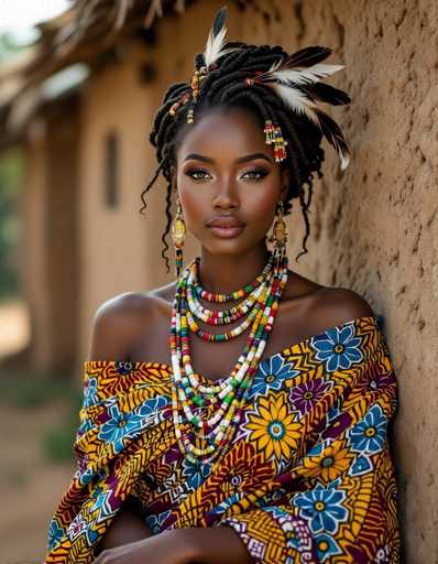 A stunning portrait showcases an elegant African woman in a vibrant Ankara wrapper, her braided hair adorned with colorful beads and feathers. She's positioned against a rustic mud-brick wall, bathed in warm light. The composition emphasizes her rich features and the intricate details of her attire, creating a captivating, ultra-realistic image.