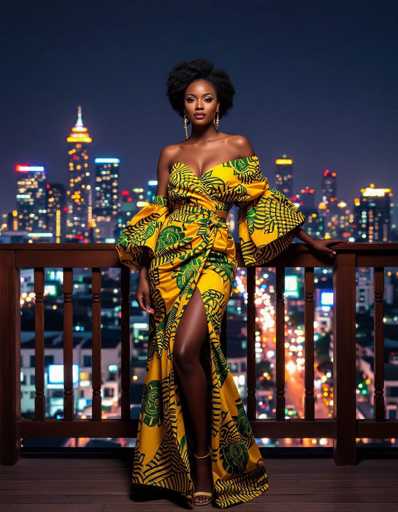 An elegant African woman in a vibrant yellow and green Ankara dress stands on a wooden balcony, gazing at the dazzling city skyline at night. Neon lights reflect on her patterned fabric, creating a striking contrast against the dark urban backdrop. The ultra-realistic urban photography captures a moment of sophisticated beauty in a bustling, modern setting.