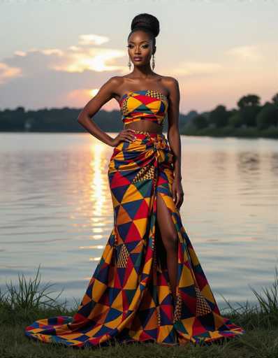 An elegant African woman, adorned in a vibrant Ankara wrapper set, stands gracefully by a serene lakeside at dusk. Her pose is poised, reflecting in the shimmering water's soft bokeh background. The hyper-realistic photography highlights the bold geometric patterns of the outfit, creating a captivating portrait of cultural elegance.
