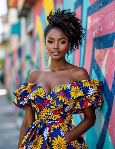 An elegant African woman in a vibrant Ankara wrapper set, featuring layered ruffles and bold floral patterns, stands confidently against a colorful street art mural in Cape Town. The vibrant colors of the dress and backdrop, combined with her radiant expression, create a striking portrait captured in a candid street photography style.
