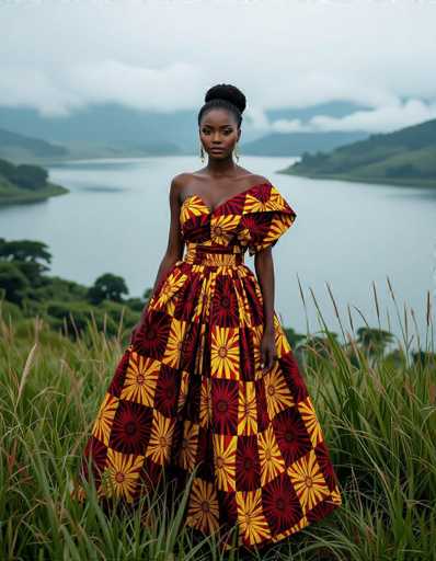 An elegant African woman in a vibrant Ankara dress stands gracefully on a grassy hill, overlooking a misty lake. The bold crimson and gold pattern contrasts beautifully with the serene landscape, captured with cinematic depth in a wide-angle shot. Her serene expression and the surrounding tall grasses create a captivating, culturally rich portrait.