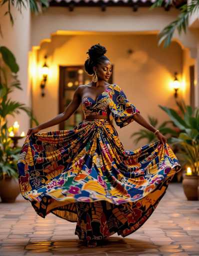 A graceful African woman in a vibrant Ankara wrapper set dances in a candlelit Ghanaian courtyard. The image captures a moment of joyful motion, with the flowing fabric swirling around her as she twirls. Cinematic lighting creates soft shadows and highlights, emphasizing the cultural richness and elegance of the scene.