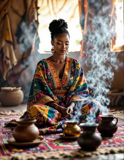 An intimate, realistic portrait captures an African woman in a vibrant Ankara wrapper set, seated cross-legged amidst a traditional Ethiopian coffee ceremony. Steaming pots and incense smoke create a warm, moody atmosphere. The spatial arrangement highlights the woman's serene posture as she engages in this cultural ritual, bathed in soft light.