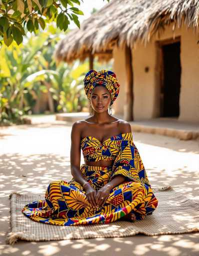 A serene National Geographic-style portrait captures a woman gracefully seated cross-legged in a vibrant Ankara wrapper set. The bold, patterned outfit contrasts with the warm, sun-dappled courtyard setting featuring a thatched-roof structure and woven mat. The focus is on the woman's elegant posture and the rich cultural attire, highlighting a moment of quiet beauty.