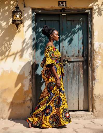 A striking side profile captures an African woman in a vibrant Ankara wrapper set, her silhouette emphasized by the bold, batik-inspired patterns. She stands in a traditional courtyard, bathed in warm sunlight and casting dramatic shadows from a hanging lantern. The weathered wooden door provides a textured backdrop, highlighting the photorealistic detail and cinematic contrast of the image.