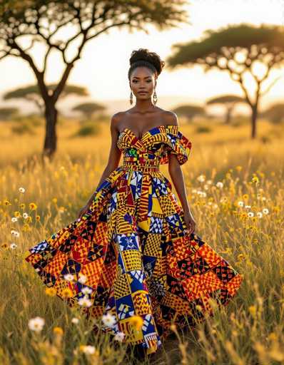 A radiant African woman commands attention in a vibrant, flowing Ankara dress amidst a golden savanna. The cinematic shot showcases her confident pose and the dress's bold geometric patterns, set against a backdrop of sunlit wildflowers and acacia trees. The shallow depth of field emphasizes the woman, creating a visually captivating portrait.