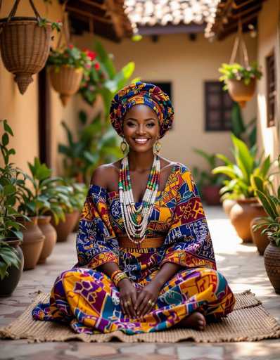 A radiant African woman, adorned in a vibrant hand-dyed Ankara outfit with intricate beadwork, sits cross-legged in a traditional Yoruba courtyard. The warm, golden light enhances the soft focus, highlighting her joyful smile and the surrounding lush potted plants and hanging baskets. The scene exudes a serene cultural richness.