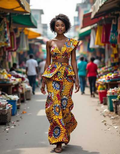 A radiant African woman, adorned in a vibrant Ankara wrapper set, confidently walks through a bustling Lagos market. The image captures the scene with documentary realism, showcasing colorful stalls and vendors lining the narrow street under warm ambient lighting. The focus is on the woman's striking attire and her confident stride within the vibrant, bustling environment.