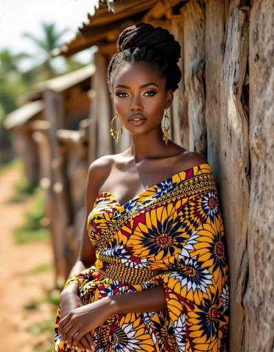 A stunning portrait showcases an elegant African woman in a vibrant Ankara wrapper, her rich skin contrasting with the bold, patterned fabric. She leans against a rustic wooden fence in a sun-drenched village, her pose and expression exuding confidence. The cinematic realism highlights textures and natural shadows, creating a captivating, intimate moment.
