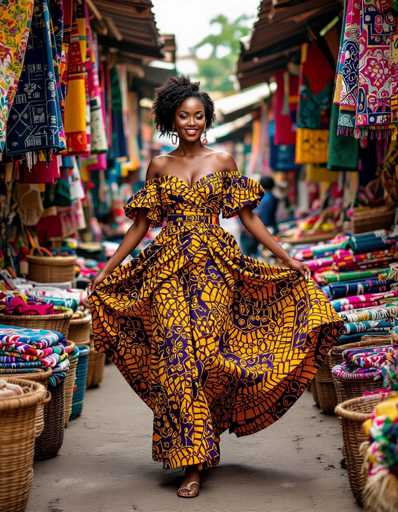 A confident African woman in a vibrant Ankara dress twirls amidst a bustling Dar es Salaam textile bazaar. The image showcases a dynamic, kinetic realism with saturated colors and a shallow depth of field, emphasizing the swirling dress and surrounding colorful fabrics and woven baskets.