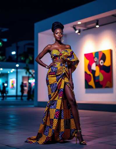 An elegant African woman in a vibrant, modern Ankara set stands poised before a contemporary art gallery in Lagos. The high-contrast urban photography highlights the dynamic fabric's neon reflections, showcasing a striking spatial relationship with the gallery's minimalist backdrop and colorful artwork.