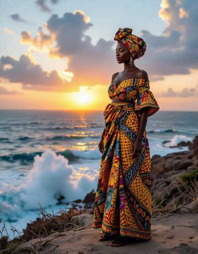 An elegant African woman in a vibrant, hand-embroidered Ankara set stands on a cliff overlooking the Atlantic Ocean in Dakar. The dramatic sunset casts chiaroscuro light, highlighting her serene posture and the crashing waves below. The spatial relationship emphasizes a solitary figure against the vast, powerful ocean landscape.