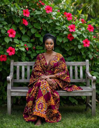 A poised African woman in a vibrant deep crimson Ankara wrapper set sits gracefully on a weathered wooden bench, framed by lush hibiscus blooms in Accra's garden. The image showcases a serene portrait with studio-like precision, emphasizing naturalistic color grading and a harmonious spatial relationship between the woman and her vibrant surroundings.