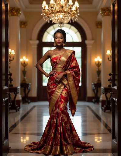 A regal African woman in a crimson and gold Ankara ensemble commands attention in a grand, vintage mansion foyer. The image showcases her poised posture against the backdrop of ornate chandeliers and architectural details, rendered in a classical realism with rich textures. The spatial relationship emphasizes her as the central focus within the opulent setting.