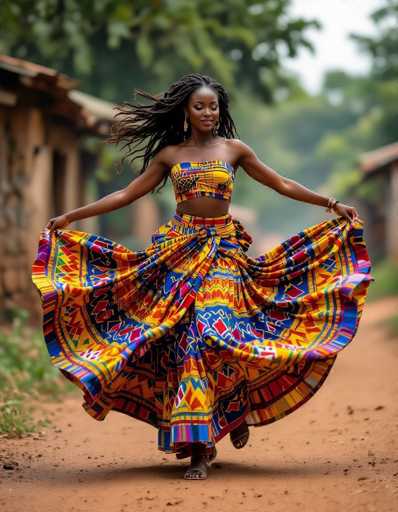 A vibrant African woman in a swirling, colorful Ankara wrapper set dances mid-motion on a dusty path. The dynamic full-body shot features her flowing skirt and top, with blurred background emphasizing movement. The hyper-realistic style captures dramatic shadows and a joyful, cultural moment.