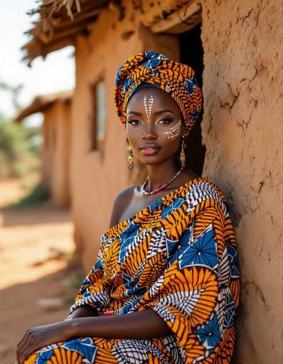 A graceful African woman in a vibrant, hand-dyed Ankara wrapper set sits against a rustic mud-brick house in Mali. Her face is adorned with traditional tribal markings, and she wears ornate earrings. The warm sunlight highlights the rustic realism of the scene, emphasizing a connection to her cultural heritage in this intimate portrait.