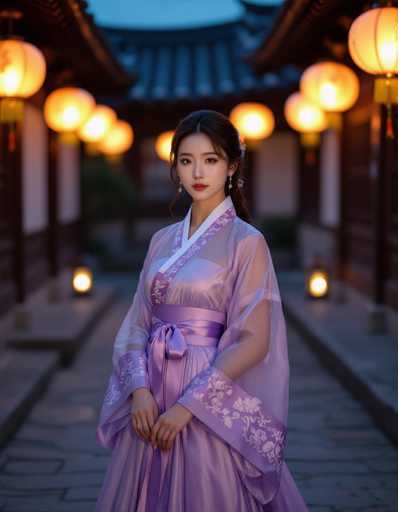A captivating Korean woman in a sheer lavender Hanbok, adorned with a silk ribbon sash, stands in a moonlit courtyard. The low-angle shot and chiaroscuro lighting highlight the fabric's texture, creating a dreamlike aesthetic reminiscent of Joseon-era fashion. Glowing lanterns in the blurred background enhance the soft, seductive atmosphere.