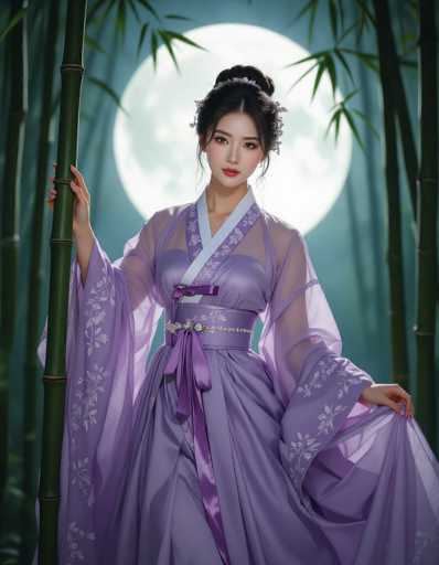 A captivating Korean woman in a sheer lavender Hanbok, adorned with pearl accents, stands gracefully amidst a moonlit bamboo forest. The soft glow from behind casts delicate shadows on her skin, highlighting the flowing fabric and intricate details. Inspired by Kim Hong-do's brushwork, this ultra-high resolution image blends traditional elegance with modern fashion.
