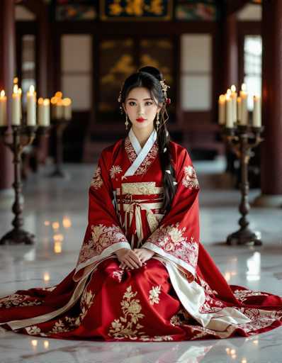 A captivating Korean woman in a vibrant crimson and ivory Hanbok kneels gracefully on a marble floor within an ornate palace hall. Flickering candles cast dramatic chiaroscuro lighting, highlighting intricate gold brocade patterns on the traditional garment. Her elegant posture and long hair in a loose bun evoke Joseon royal portraiture, blended with modern fashion photography.