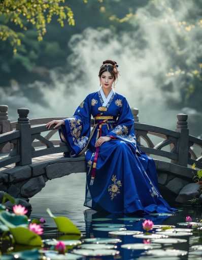 A captivating Korean woman in a royal blue Hanbok with gold embroidery sits gracefully on a stone bridge, her pose framed by a misty river. The wide-angle shot showcases dramatic lighting and high contrast shadows, emphasizing the elegant details of her traditional attire. Dew-kissed lotus petals float on the water, creating a serene yet dramatic scene inspired by Jeong Seon's landscapes.