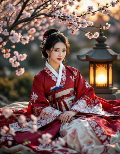 A captivating Korean woman in a crimson and silver Hanbok reclines gracefully, bathed in warm golden hour light. Surrounded by blooming plum blossoms and a traditional stone lantern, the image evokes 19th-century Korean court portraiture with its soft focus and elegant composition. The spatial relationship highlights the woman as the central subject, emphasizing a serene and refined atmosphere.