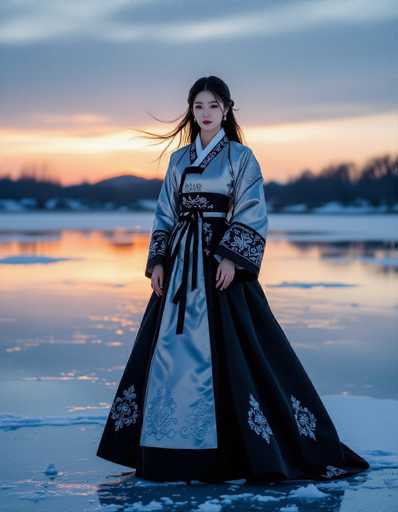 A lone Korean woman in a stunning silver and black Hanbok stands on a frozen lake at twilight. The cold color grading, high contrast shadows, and flowing hair create a serene yet powerful atmosphere. The spatial relationship places her as the central focus against the vast, reflective ice and distant mountains, showcasing a blend of traditional Korean fashion and modern high-fashion in a winter landscape.