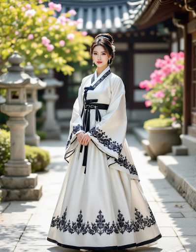 A graceful Korean woman in a pristine white Hanbok with intricate black lace details stands elegantly in a traditional courtyard. Soft natural light highlights the serene scene, showcasing her confident posture and detailed embroidery on the flowing skirt. The shallow focus emphasizes her as the central subject against a blurred backdrop of blooming azaleas and stone lanterns, creating a beautiful fashion portrait.