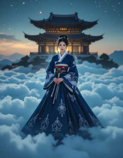 A serene Korean woman in a deep blue, intricately embroidered Hanbok floats amidst a sea of clouds, positioned before a distant temple. Ethereal light bathes the scene in a surreal, dreamlike atmosphere reminiscent of Dalí's style, blending traditional Korean art with a fantastical, otherworldly composition.
