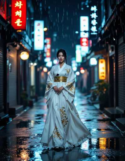 A lone, sultry Korean woman in a flowing white Hanbok with gold embroidery stands in a rain-soaked Seoul alleyway. Neon signs reflect on the wet cobblestones, creating a moody, cinematic atmosphere reminiscent of Wong Kar-wai's style. The depth of field draws focus to the woman, emphasizing her elegant presence in the dimly lit urban space.