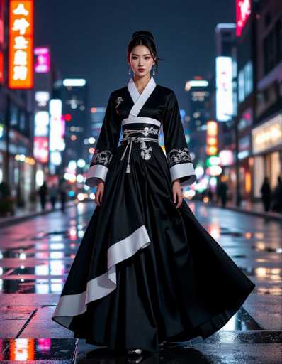 A modern Korean woman embodies urban elegance in a contemporary fusion Hanbok, standing against a vibrant Seoul night. The minimalist black and white dress with silver accents flows dramatically on wet pavement, reflecting the neon-lit cityscape. The image blends traditional design with cyberpunk fashion, showcasing a stylish urban chic aesthetic.