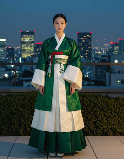A poised Korean muse in a modern Hanbok, featuring layered emerald and ivory silk panels, stands confidently on a minimalist rooftop garden in Tokyo. The sharp angles and crisp shadows of this editorial fashion shot, influenced by Rei Kawakubo's avant-garde minimalism, highlight the elegant silhouette against a backdrop of city lights.