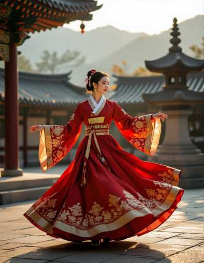 A radiant Korean woman in a vibrant crimson and gold Hanbok dances gracefully in a temple courtyard at sunrise. The slow-motion capture highlights the flowing sleeves, while golden light filters through ancient eaves. A fashion editorial style with studio lighting accents creates a cinematic composition, showcasing the detailed beadwork and the serene background of a stone pagoda and misty mountains.
