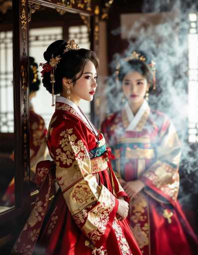 A regal Korean woman in a vibrant crimson and gold Hanbok stands before a mirror in a traditional hanok, her blurred reflection veiled in smoky ambiance. Dramatic side lighting highlights rich textures and saturated colors, creating a fashion photograph with Baroque-inspired opulence. The spatial relationship emphasizes the woman's poised presence within the ornate setting.
