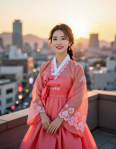 A radiant Korean woman in a coral pink Hanbok with delicate lace details stands confidently on a rooftop terrace in Seoul at sunset. The warm golden light bathes her, highlighting the flowing silk fabric and intricate design. A bustling cityscape forms the blurred backdrop, creating a blend of urban elegance and serene beauty. 

**Main subjects:** A woman in a Hanbok, cityscape
**Spatial relationship:** Woman centered, backdrop blurred, rooftop setting. 
**Art style:** Fashion photography with natural sunlight and artificial spotlight contrast.