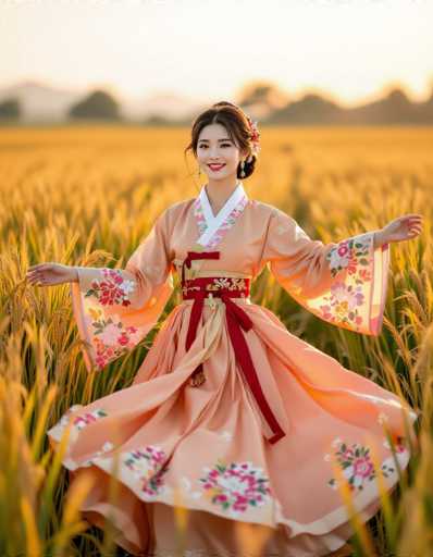 A radiant Korean woman in a peach and gold Hanbok gracefully dances amidst a golden rice field at sunset. The soft-focus background emphasizes the flowing fabric with detailed floral patterns, creating a cinematic fashion editorial. Her joyful expression and dynamic pose evoke a blend of traditional Korean folk art and modern elegance, bathed in warm golden hour light.