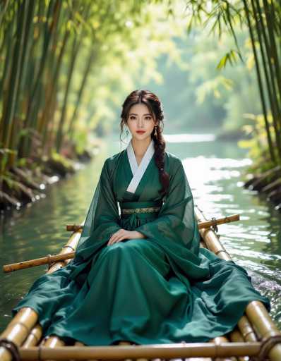 A serene, seductive Korean woman in a deep emerald Hanbok sits on a bamboo raft amidst a lush bamboo forest river. Soft, natural light filters through the canopy, highlighting the translucent fabric and her slightly tousled hair. The shallow depth of field creates a dreamy atmosphere, inspired by Korean watercolor paintings and modern editorial fashion.