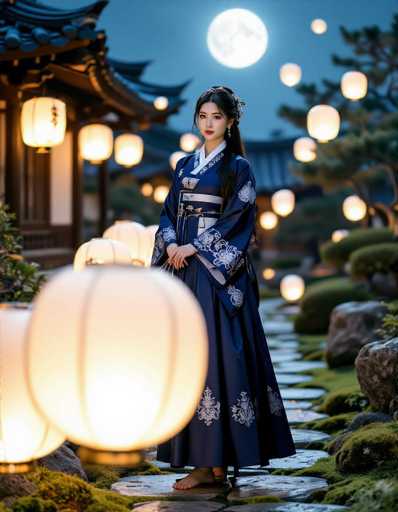 A serene Korean woman in a deep blue Hanbok with silver embroidery stands barefoot on mossy stones in a moonlit garden. Glowing lanterns and floating paper lanterns create a magical, ethereal atmosphere with dramatic chiaroscuro lighting and a shallow depth of field. The image is a captivating fashion photograph emphasizing the model's alluring presence and the tranquil, traditional setting.