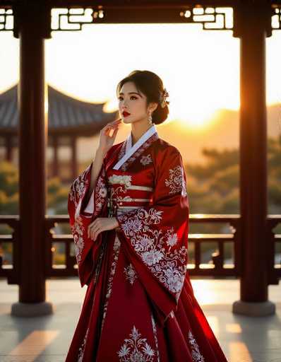 A captivating Korean woman in a ruby red Hanbok with intricate silver brocade details stands gracefully in a traditional pavilion at sunrise. The golden light bathes her silhouette, highlighting the flowing sleeves and elegant design. A cinematic wide shot emphasizes the spatial relationship with the pavilion's pillars, creating a visually stunning and romantic fashion editorial.