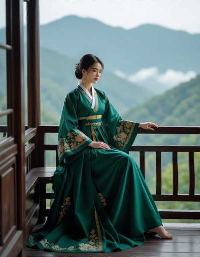A captivating Korean woman in a rich emerald Hanbok with gold embroidery gracefully sits on a wooden balcony, overlooking a misty mountain valley. The soft natural light and shallow depth of field create an ethereal atmosphere, emphasizing the delicate floral patterns on her sleeves. The cinematic composition and fashion editorial style evoke a sense of elegance and serenity.